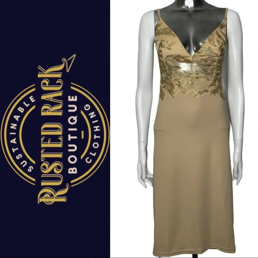 🛍️ 3/$40 Gold Lace Overlay Plunging V-Neck Slip Dress Size  Small